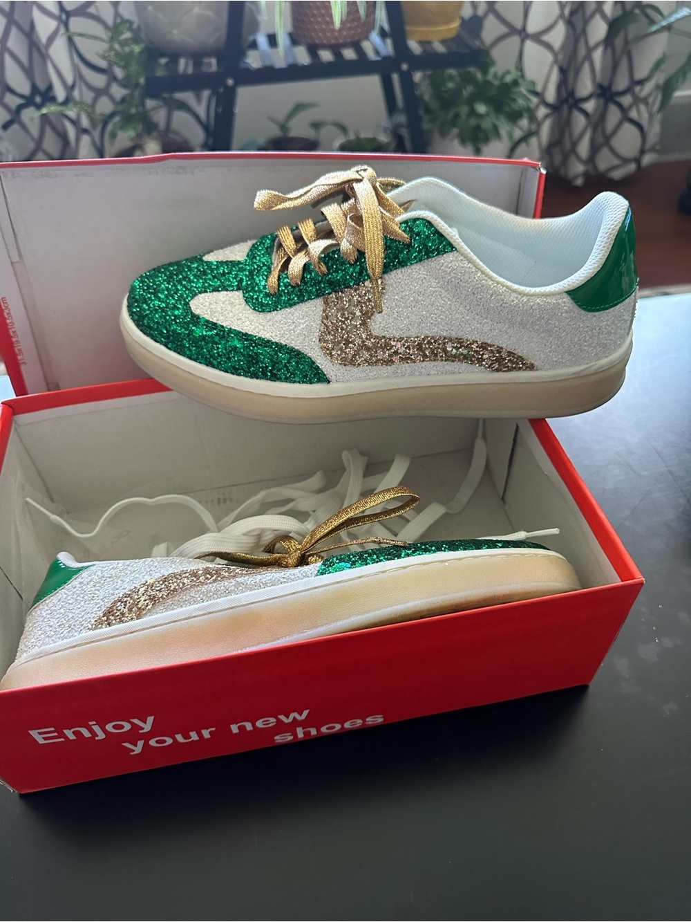 Lucky State Women’s Glitter Sneakers in Green, Gold & White
